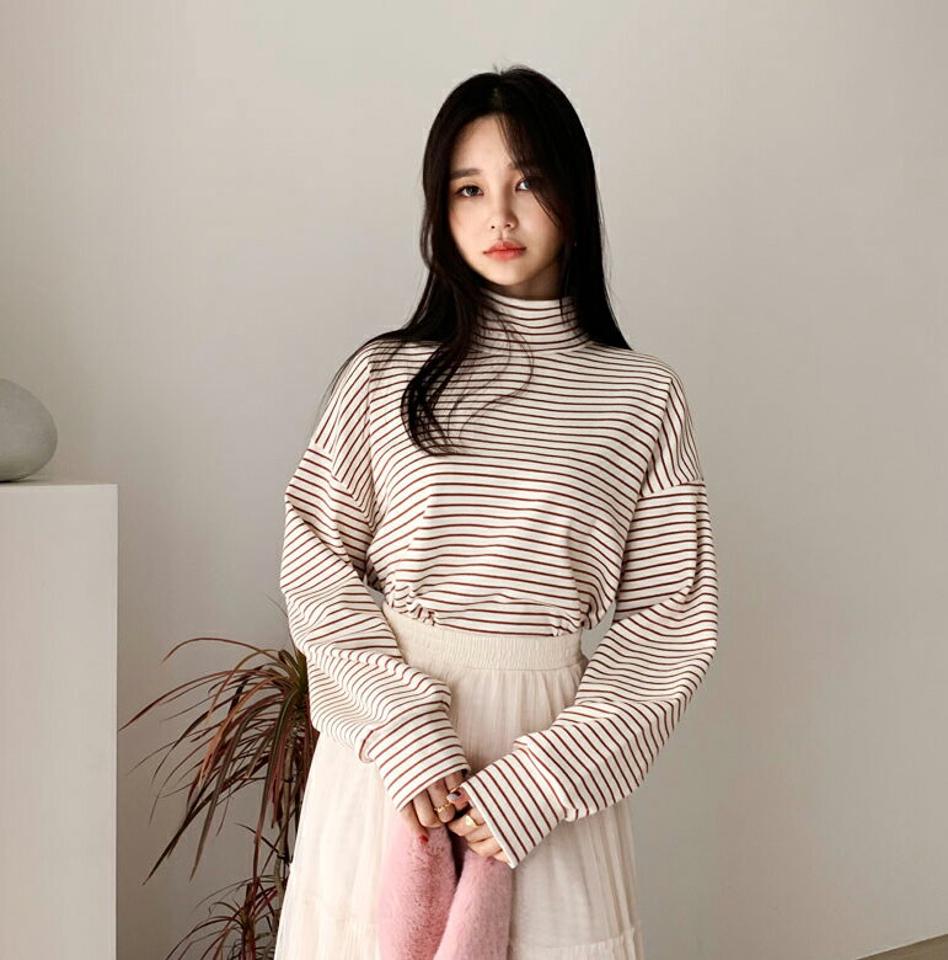ハイネックボーダーTシャツ・全3色・t64734 レディース 【tops】【韓国 ファッション トップス Tシャツ 長袖 ハイネック ボーダー カジュアル ハーフネック ストライプ ベーシック カジュアル 秋 冬】