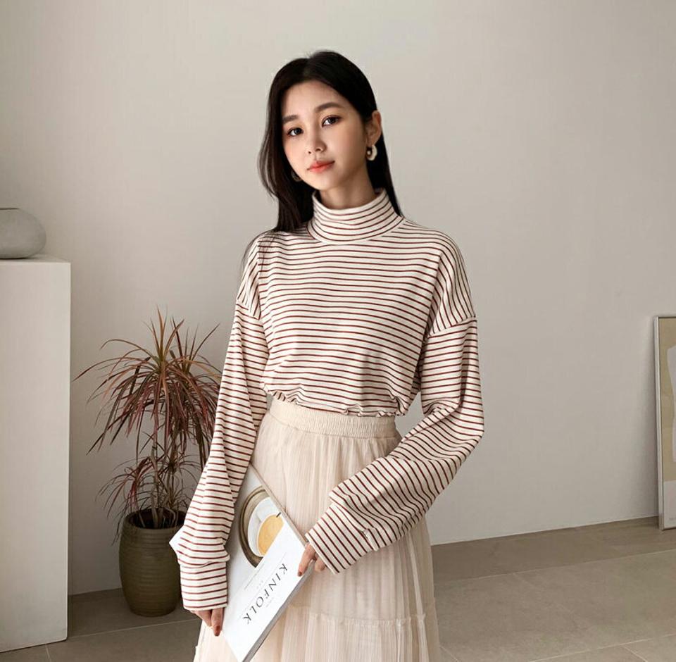 ハイネックボーダーTシャツ・全3色・t64734 レディース 【tops】【韓国 ファッション トップス Tシャツ 長袖 ハイネック ボーダー カジュアル ハーフネック ストライプ ベーシック カジュアル 秋 冬】
