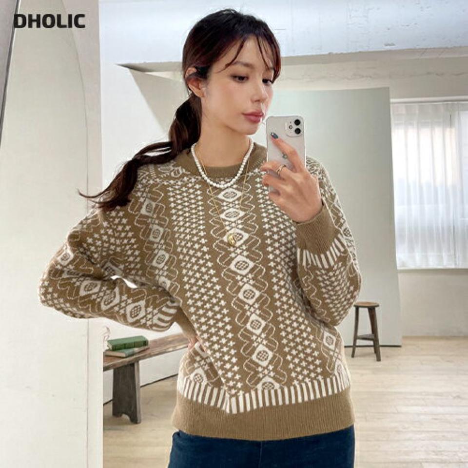 配色パターンニット・全3色・b66158 レディース 【tops】【トップス ニット ニットトップス 長袖 総柄 配色 カジュアル ラフ 秋 冬 韓国 ファッション】【ハイホリHIHOLLI】