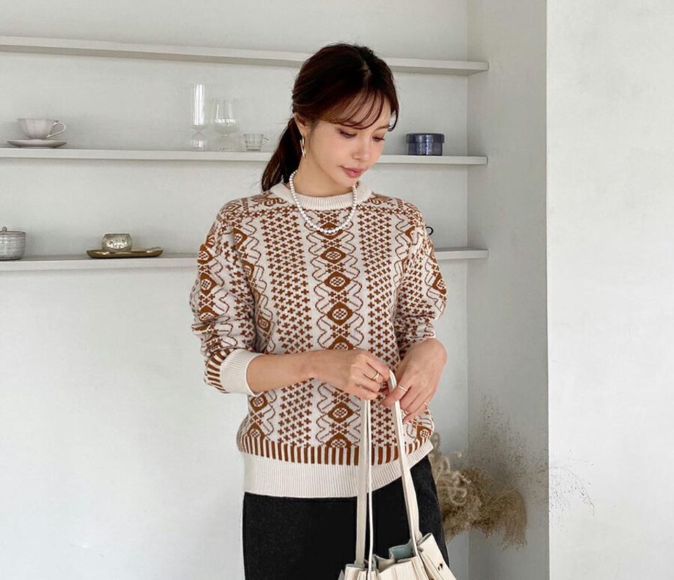配色パターンニット・全3色・b66158 レディース 【tops】【トップス ニット ニットトップス 長袖 総柄 配色 カジュアル ラフ 秋 冬 韓国 ファッション】【ハイホリHIHOLLI】