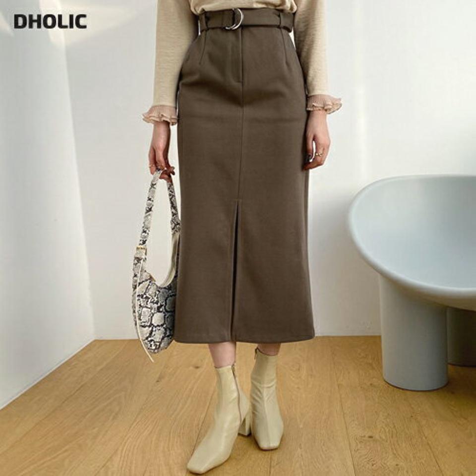 ベルト付スリットスカート・全2色・t64730 レディース 【sk】【韓国 ファッション ボトムス スカート ロング ロングカート ベルト スリット スカート ボタン ファスナー サイドポケット リングベルト ベルトループ バックゴム Hライン カジュアル 秋 冬】