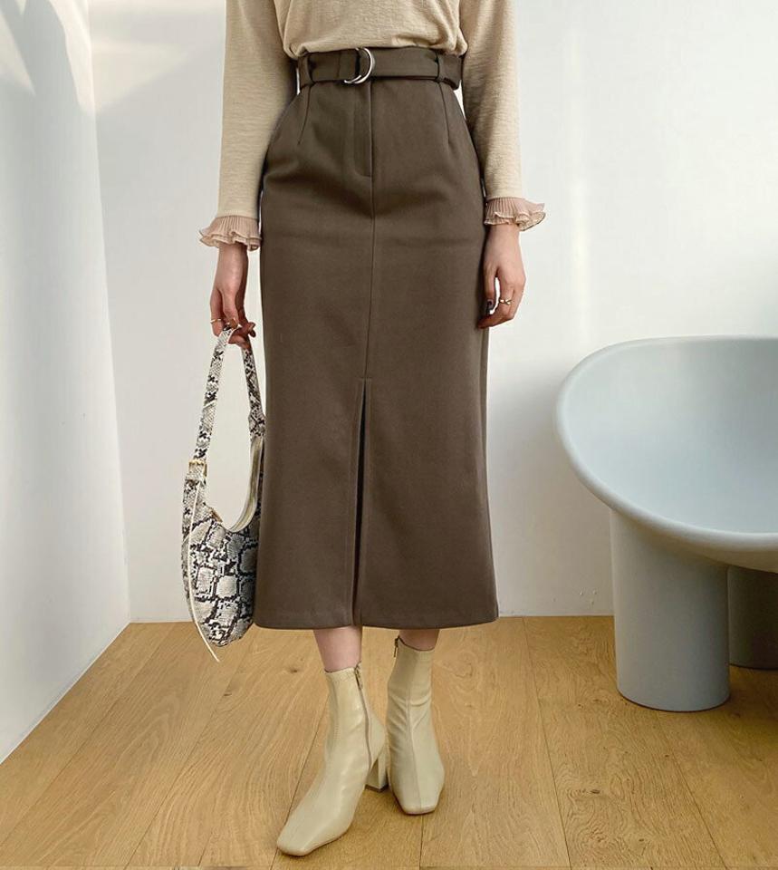 ベルト付スリットスカート・全2色・t64730 レディース 【sk】【韓国 ファッション ボトムス スカート ロング ロングカート ベルト スリット スカート ボタン ファスナー サイドポケット リングベルト ベルトループ バックゴム Hライン カジュアル 秋 冬】