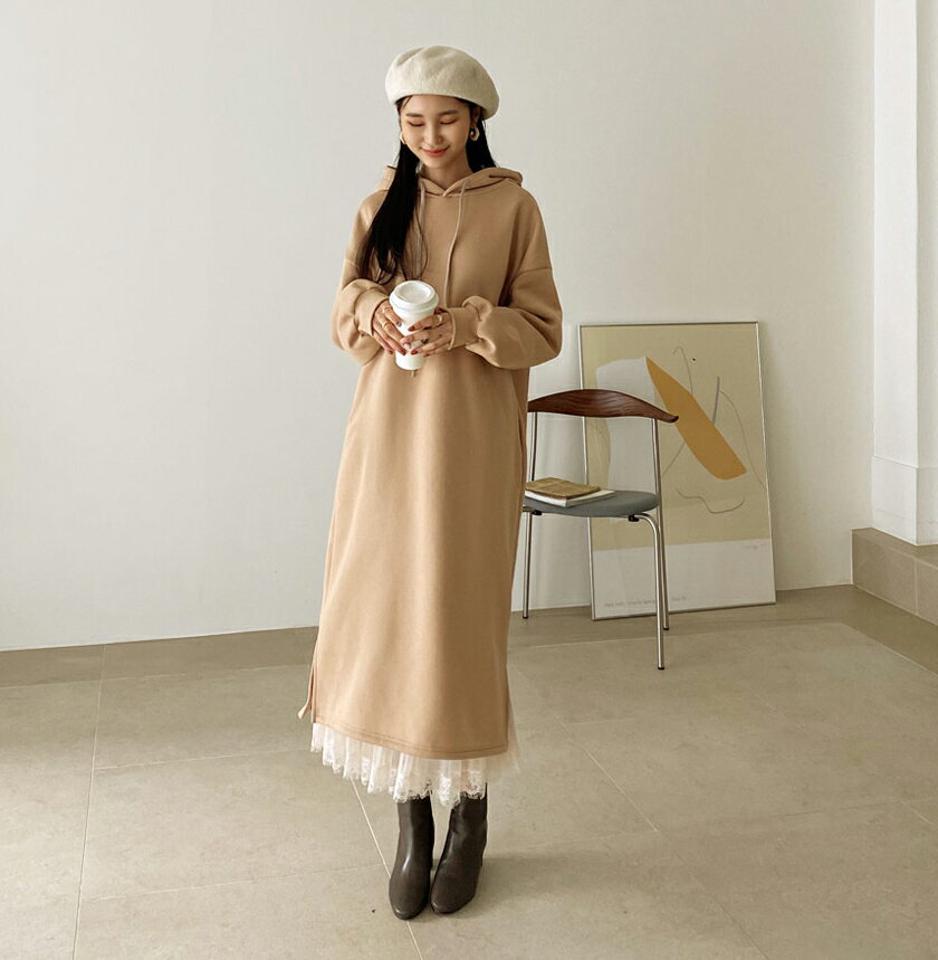 裏起毛フードワンピース・全4色・t64758 レディース 【ops】【韓国 ファッション ワンピース ロング ロングワンピース フード デイリー ストリングフード フロントポケット ルーズ 裾スリット シンプル 保温性 裏起毛 カジュアル 秋 冬】