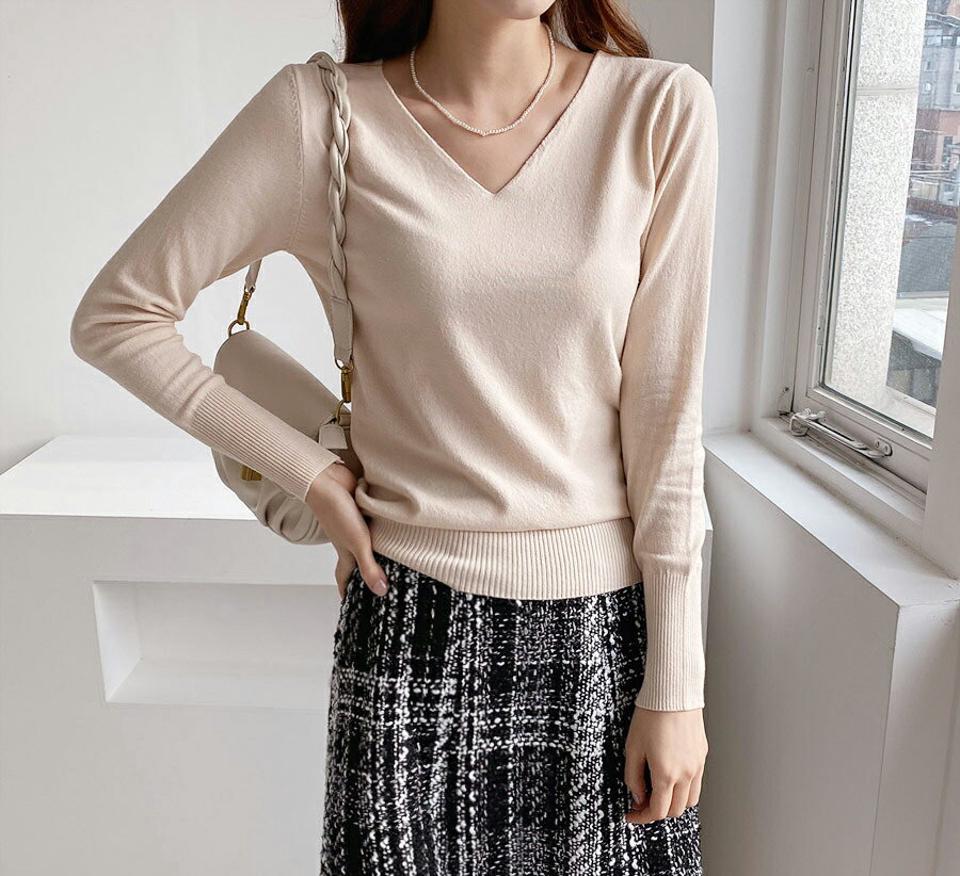 Vネックニット・全5色・t65976 レディース 【tops】【トップス ニット ニットトップス Vネック 長袖 単色 無地 シンプル ベーシック カジュアル Vネック ラフ 秋 冬 韓国 ファッション】【ハイホリHIHOLLI】