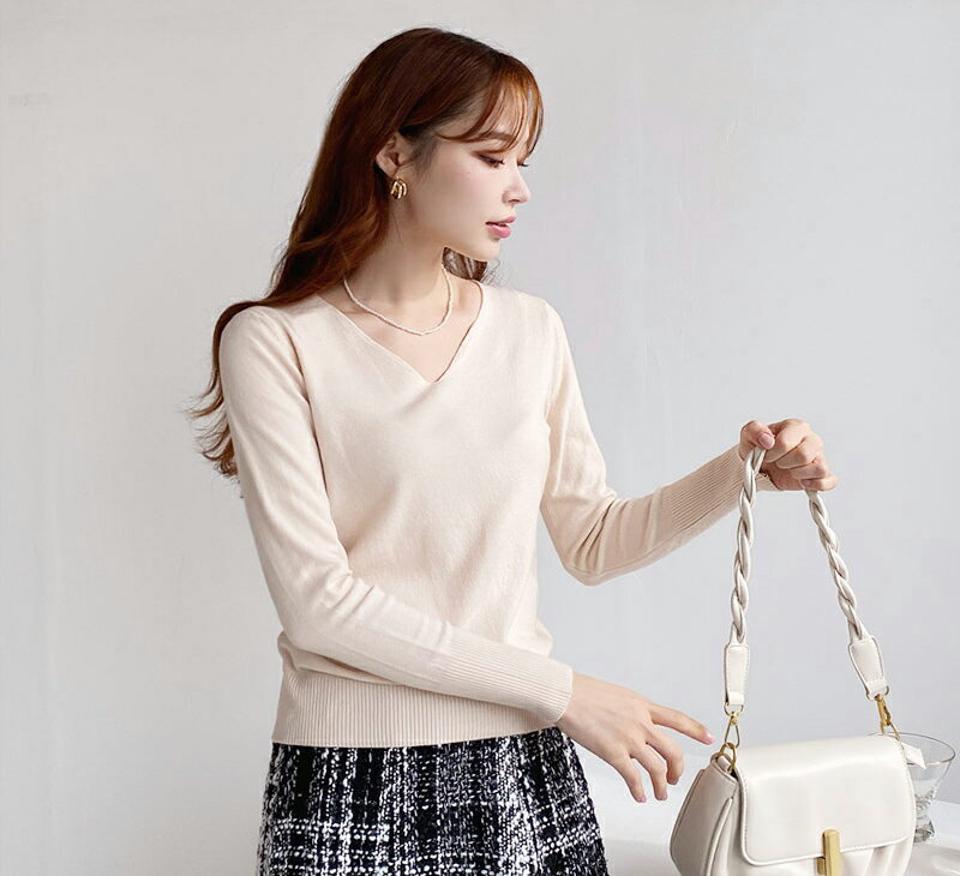 Vネックニット・全5色・t65976 レディース 【tops】【トップス ニット ニットトップス Vネック 長袖 単色 無地 シンプル ベーシック カジュアル Vネック ラフ 秋 冬 韓国 ファッション】【ハイホリHIHOLLI】
