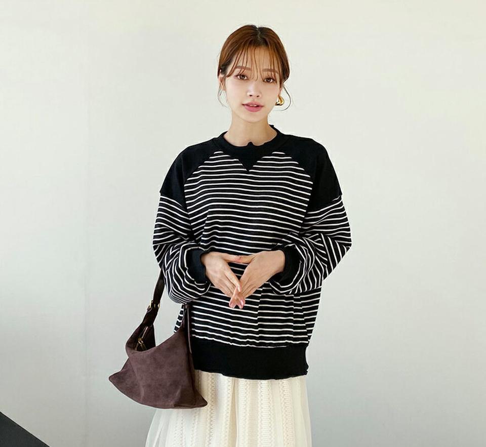 裏起毛ボーダーTシャツ・全4色・b65975 レディース 【tops】【トップス Tシャツ ボーダー柄 長袖 裏起毛 カジュアル ラフ ハーフネック ウェーブヘム 冬 韓国 ファッション】【ハイホリHIHOLLI】