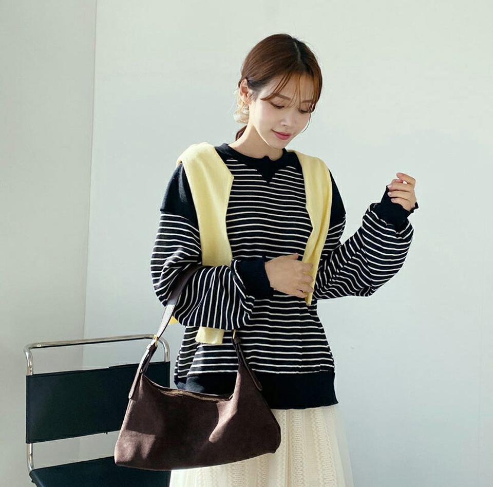裏起毛ボーダーTシャツ・全4色・b65975 レディース 【tops】【トップス Tシャツ ボーダー柄 長袖 裏起毛 カジュアル ラフ ハーフネック ウェーブヘム 冬 韓国 ファッション】【ハイホリHIHOLLI】