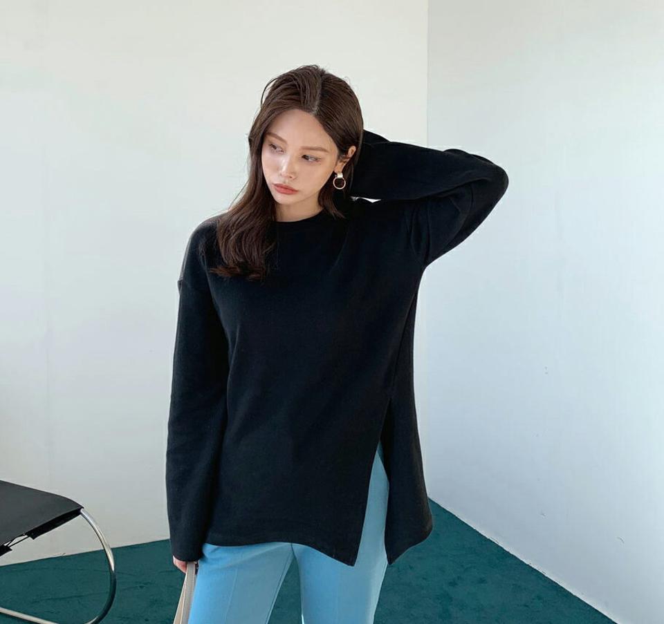 ダイアゴナルスリットTシャツ・全3色・t66095 レディース 【tops】【トップス Tシャツ 長袖 ダイアゴナル スリット 単色 無地 シンプル カジュアル ラフ 大人 秋 冬 韓国 ファッション】【ハイホリHIHOLLI】