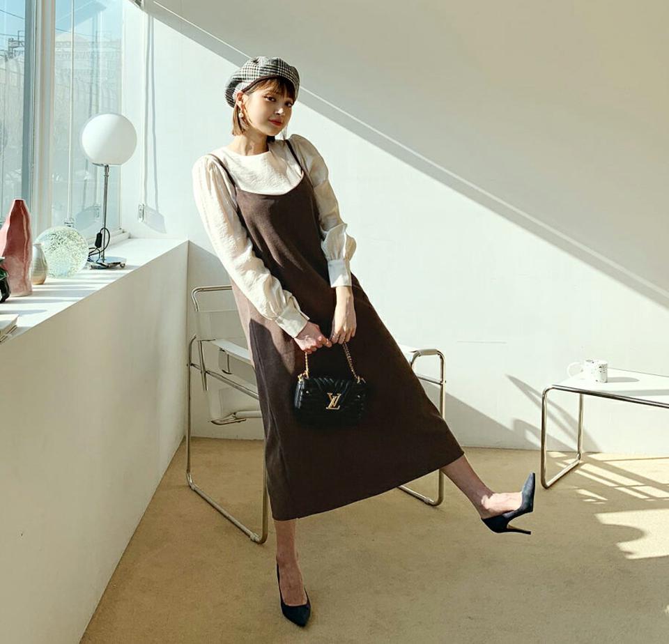 キャミソールワンピース・全2色・b62334 レディース 【ops】【韓国 ファッション ワンピース ロング ロングワンピース キャミソール キャミワンピース Vネック Hライン ベーシック 体型カバー カジュアル 秋 冬】