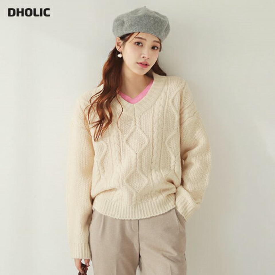 【只今10%OFF】Vネックケーブルニット・全5色・t65979 レディース 【tops】【トップス ニット ニットトップス 長袖 ケーブルニット ケーブル 長袖 単色 シンプル カジュアル ゆったり ラフ 秋 冬 韓国 ファッション】【ハイホリHIHOLLI】【TW】