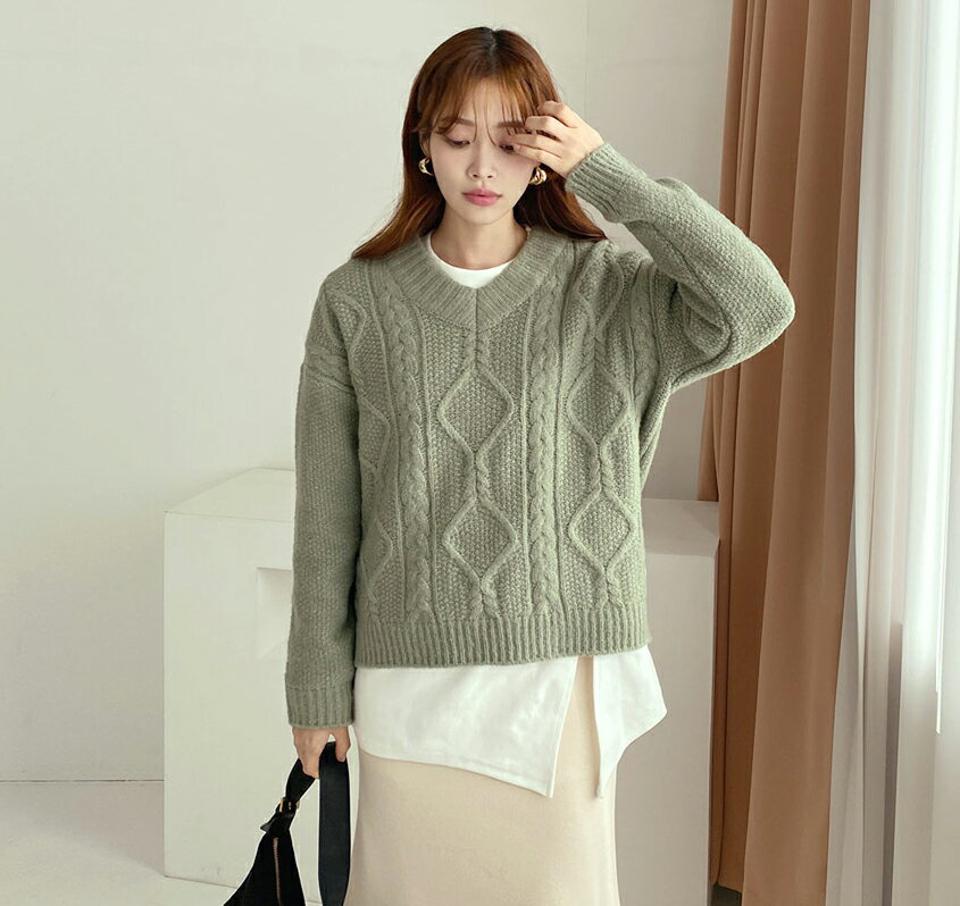 【只今10%OFF】Vネックケーブルニット・全5色・t65979 レディース 【tops】【トップス ニット ニットトップス 長袖 ケーブルニット ケーブル 長袖 単色 シンプル カジュアル ゆったり ラフ 秋 冬 韓国 ファッション】【ハイホリHIHOLLI】【TW】