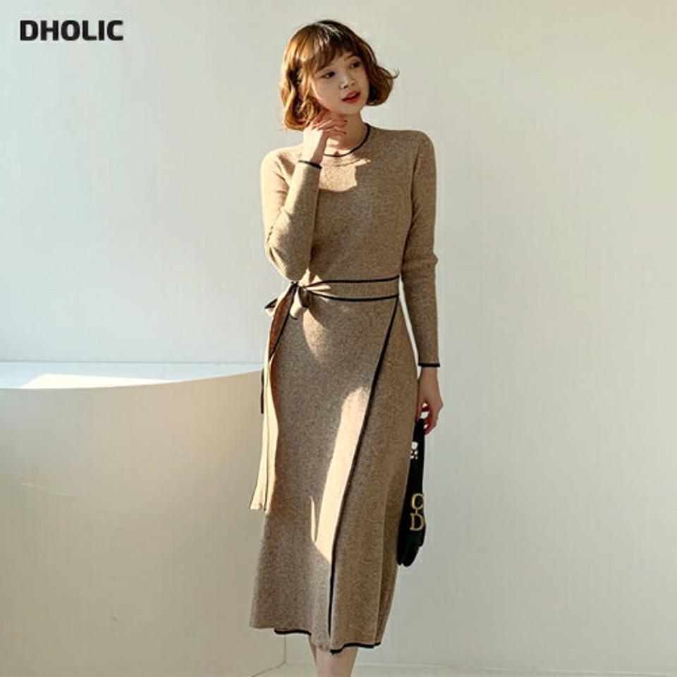 ストラップ付配色ニットワンピース・全2色・b62308 レディース 【ops】【韓国 ファッション ワンピース ロング ロングワンピース ストラップ ニット ラウンドネック スリム Aライン ウエストストラップ 配色 ライン 体型カバー 上品 カジュアル 秋 冬】