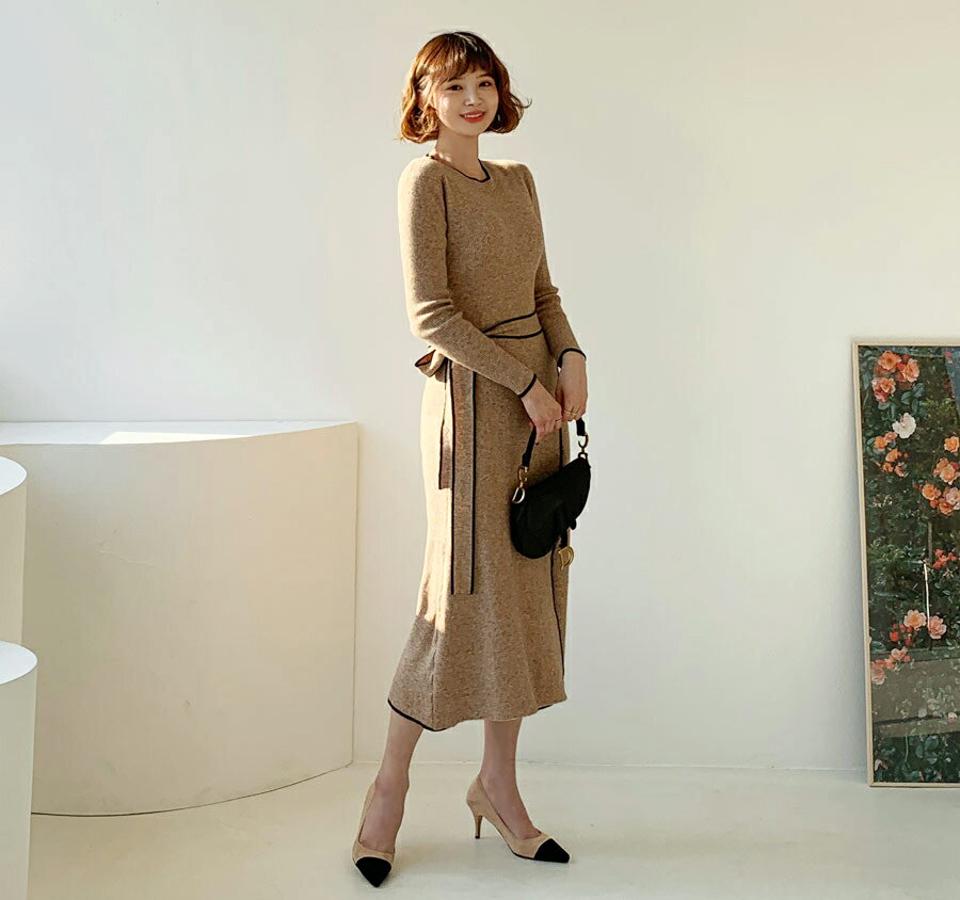 ストラップ付配色ニットワンピース・全2色・b62308 レディース 【ops】【韓国 ファッション ワンピース ロング ロングワンピース ストラップ ニット ラウンドネック スリム Aライン ウエストストラップ 配色 ライン 体型カバー 上品 カジュアル 秋 冬】