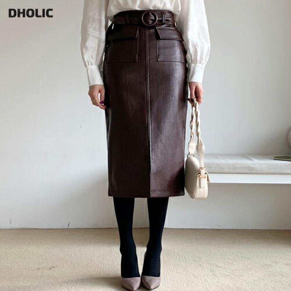 ベルト付レザー調スカート・全2色・t62321 レディース 【sk】【韓国 ファッション ボトムス スカート ミディ ミディスカート Hライン レザー サイドコンシール ファスナー付き フラップポケット ベルトセット ベルトループ スリット カジュアル 秋 冬】
