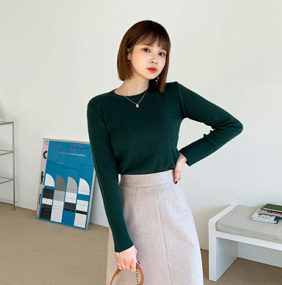 リブラウンドニット・全6色・t62335 レディース 【tops】【韓国 ファッション トップス ニット ラウンドネック スリム フィット リブニット 細身 長袖 体型カバー タイト シンプル デイリー 無地 リブ ベーシック カジュアル 秋 冬】