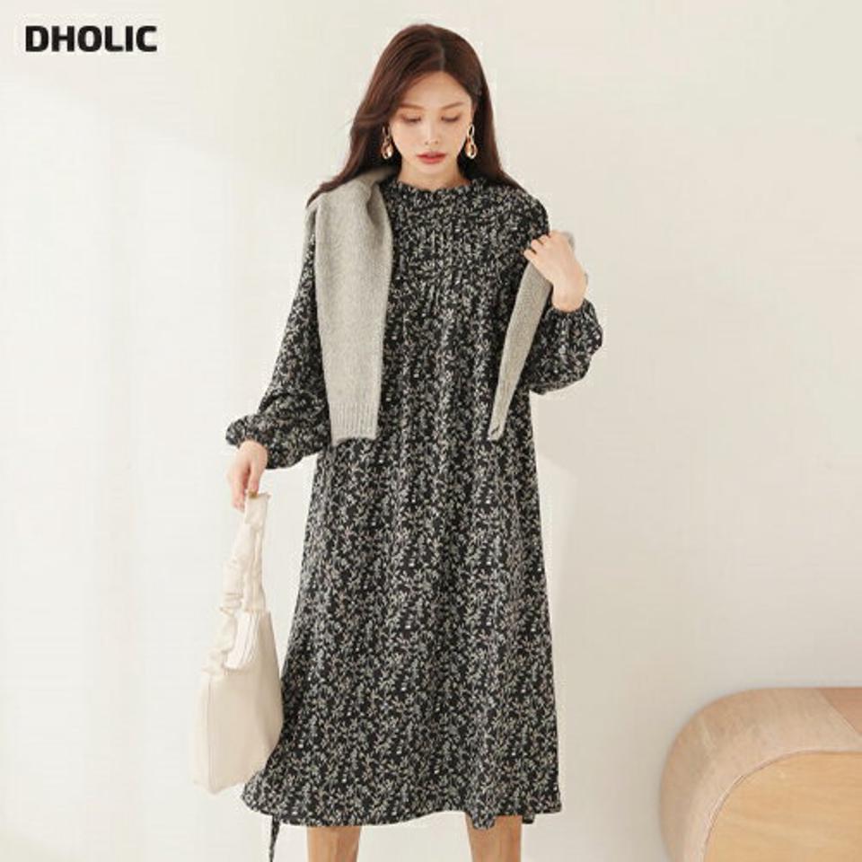 ストラップ付フリル花柄ワンピース・全3色・b65989 レディース 【ops】【ワンピース ミディ丈 ミディワンピース 長袖 フリル 花柄 フラワー フェミニン 大人 フリルネック 襟コンシャス ピンタック 大人 秋 冬 韓国 ファッション】【ハイホリHIHOLLI】