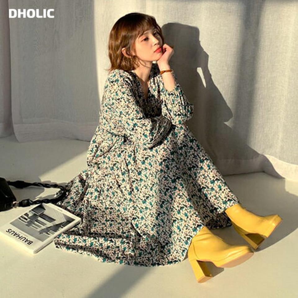 2TYPE花柄レースアップワンピース・全4色・b62309 レディース 【ops】【韓国 ファッション ワンピース ロング ロングワンピース 2TYPE 花柄 レースアップ フラワー Vネック レース ゴム 体型カバー 上品 カジュアル 秋 冬】