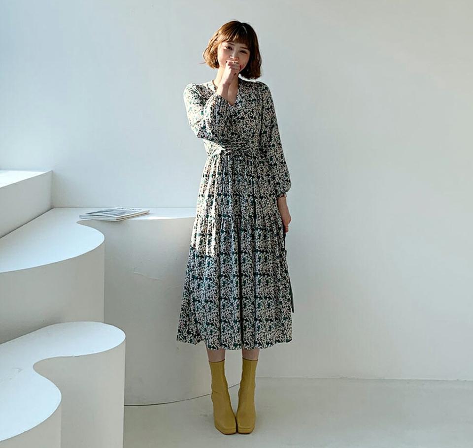 2TYPE花柄レースアップワンピース・全4色・b62309 レディース 【ops】【韓国 ファッション ワンピース ロング ロングワンピース 2TYPE 花柄 レースアップ フラワー Vネック レース ゴム 体型カバー 上品 カジュアル 秋 冬】