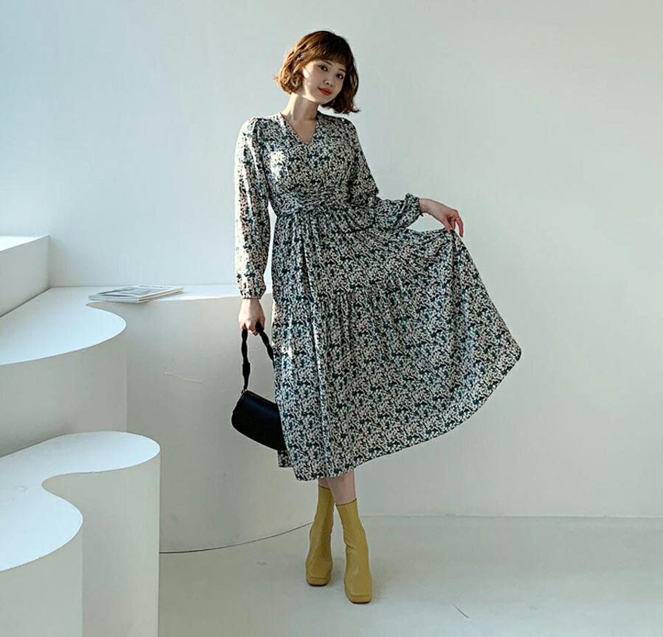 2TYPE花柄レースアップワンピース・全4色・b62309 レディース 【ops】【韓国 ファッション ワンピース ロング ロングワンピース 2TYPE 花柄 レースアップ フラワー Vネック レース ゴム 体型カバー 上品 カジュアル 秋 冬】