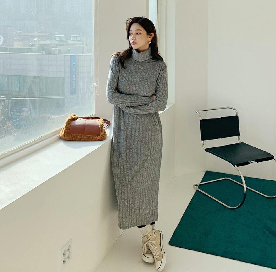 タートルリブワンピース・全3色・b65986 レディース 【ops】【ワンピース ロング ロングワンピース 長袖 リブ リブワンピース タートルネック タートル ハイネック カジュアル 大人 秋 冬 韓国 ファッション】【ハイホリHIHOLLI】