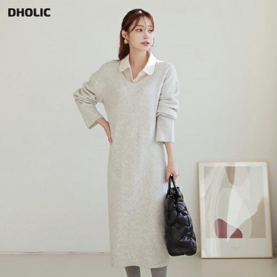 ニットロングワンピース・全3色・t65984 レディース 【ops】【ワンピース ロング ロングワンピース ニット ニットワンピース 長袖 Vネック ゆったり ラフ カジュアル 秋 冬 韓国 ファッション】【ハイホリHIHOLLI】