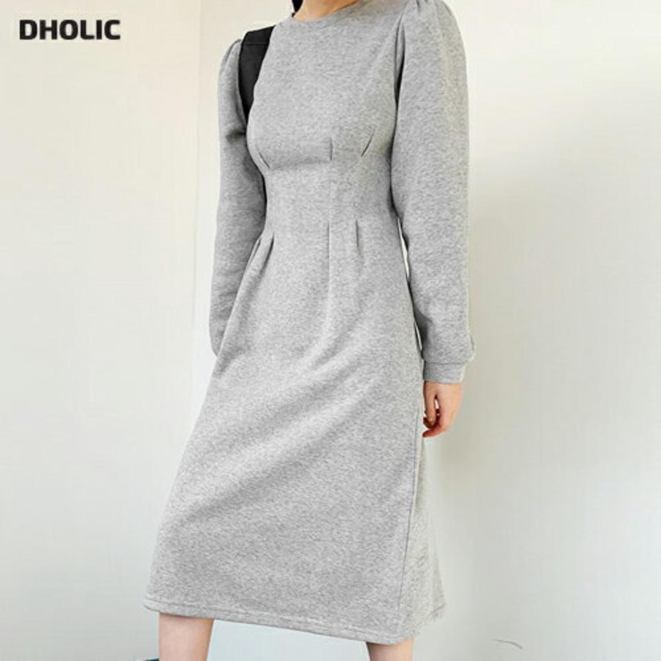 【新作10%OFF】裏起毛タックワンピース・全2色・t65982 レディース 【ops】【ワンピース ミディ丈 ミディワンピース 長袖 タック 裏起毛 単色 無地 シンプル カジュアル ラフ 冬 韓国 ファッション】【ハイホリHIHOLLI】