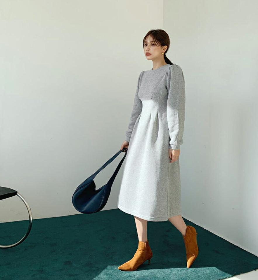 【新作10%OFF】裏起毛タックワンピース・全2色・t65982 レディース 【ops】【ワンピース ミディ丈 ミディワンピース 長袖 タック 裏起毛 単色 無地 シンプル カジュアル ラフ 冬 韓国 ファッション】【ハイホリHIHOLLI】