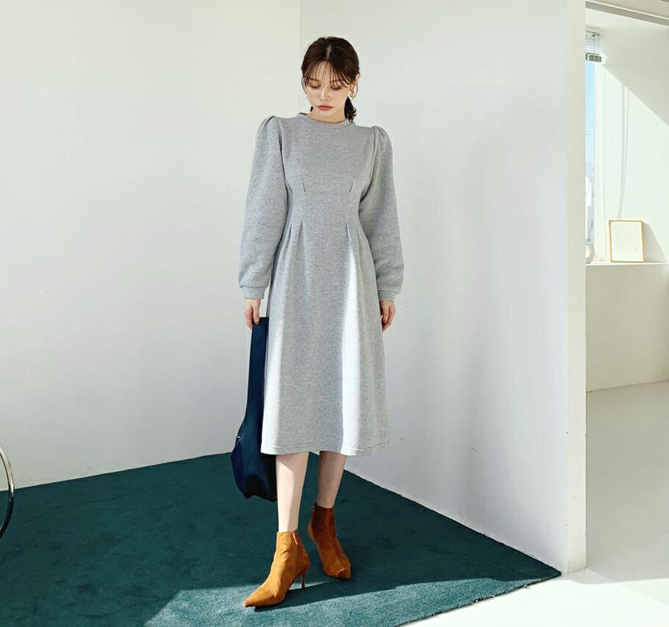 【新作10%OFF】裏起毛タックワンピース・全2色・t65982 レディース 【ops】【ワンピース ミディ丈 ミディワンピース 長袖 タック 裏起毛 単色 無地 シンプル カジュアル ラフ 冬 韓国 ファッション】【ハイホリHIHOLLI】