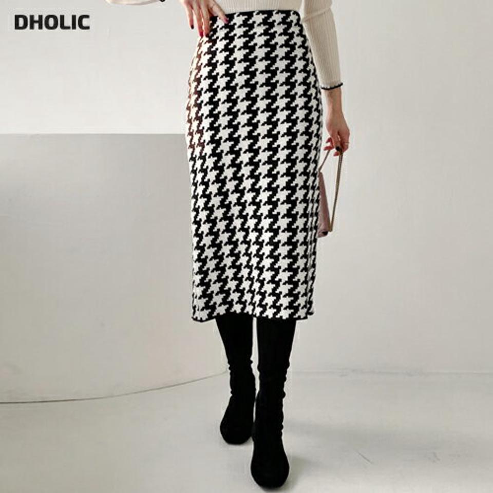 ハウンドトゥースニットスカート・全2色・b62319 レディース 【sk】【韓国 ファッション ボトムス スカート ミディ ミディスカート チェック Hライン 暖かい 上品 オフィス お仕事 スリム フィット 体型カバー ウエストゴム スリット カジュアル 秋 冬】