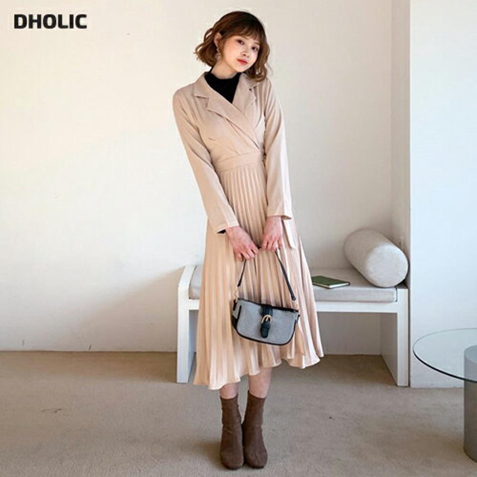 プリーツカラーワンピース・全3色・t62310 レディース 【ops】【韓国 ファッション ワンピース ロング ロングワンピース プリーツ プリーツワンピース 体型カバー カラー カシュクール ラップ調 サイドリボン カジュアル 秋 冬】