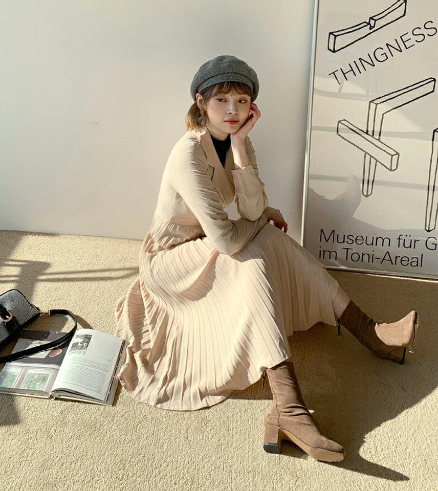 プリーツカラーワンピース・全3色・t62310 レディース 【ops】【韓国 ファッション ワンピース ロング ロングワンピース プリーツ プリーツワンピース 体型カバー カラー カシュクール ラップ調 サイドリボン カジュアル 秋 冬】