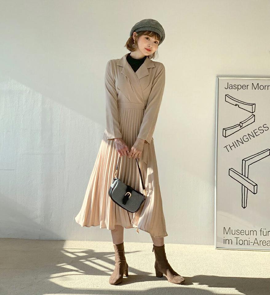 プリーツカラーワンピース・全3色・t62310 レディース 【ops】【韓国 ファッション ワンピース ロング ロングワンピース プリーツ プリーツワンピース 体型カバー カラー カシュクール ラップ調 サイドリボン カジュアル 秋 冬】