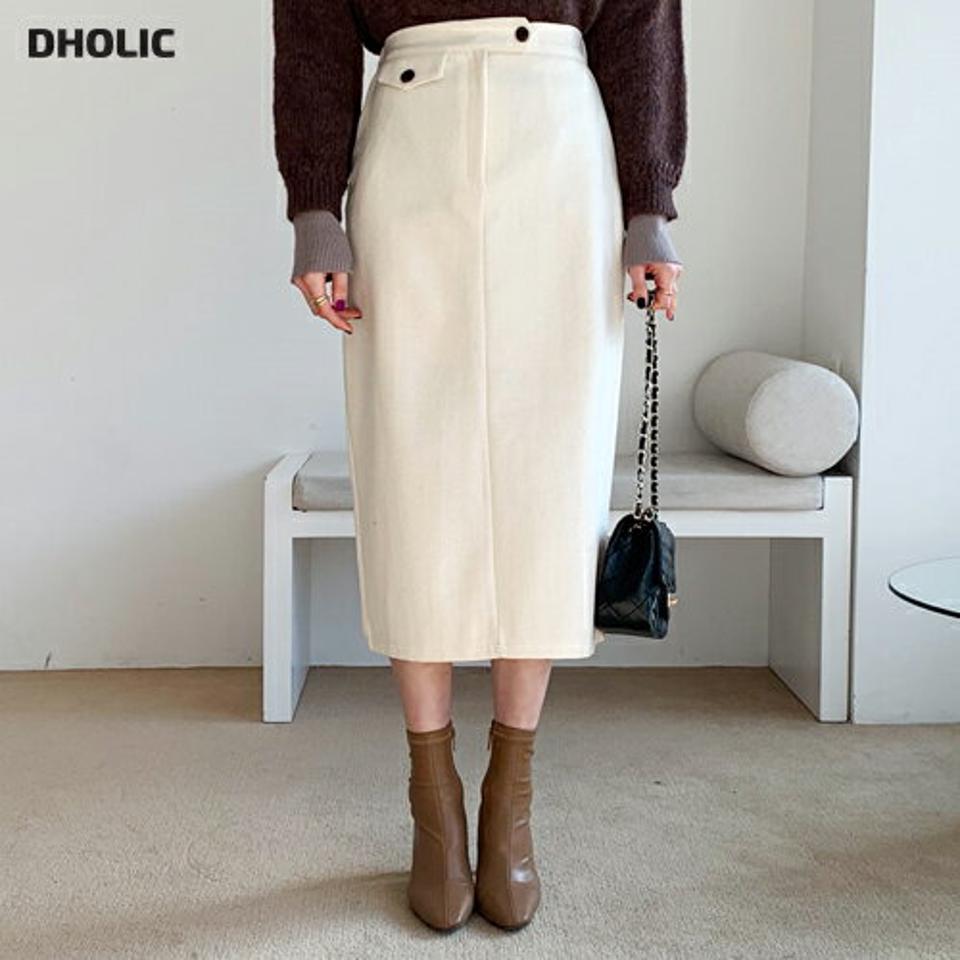 フラップペンシルスカート・全3色・t62317 レディース 【sk】【韓国 ファッション ボトムス スカート ロング ロングカート Hライン 暖かい 体型カバー バックゴム ボタン ファスナー ペンシル バックスリット フラップディテール カジュアル 秋 冬】