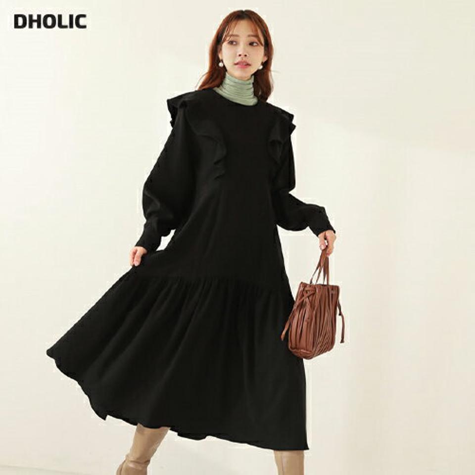 裏起毛タックワンピース・全2色・b65983 レディース 【ops】【ワンピース ロング ロングワンピース タック 裏起毛 長袖 単色 無地 シンプル ギャザー カジュアル ラフ フリル 冬 韓国 ファッション】【ハイホリHIHOLLI】