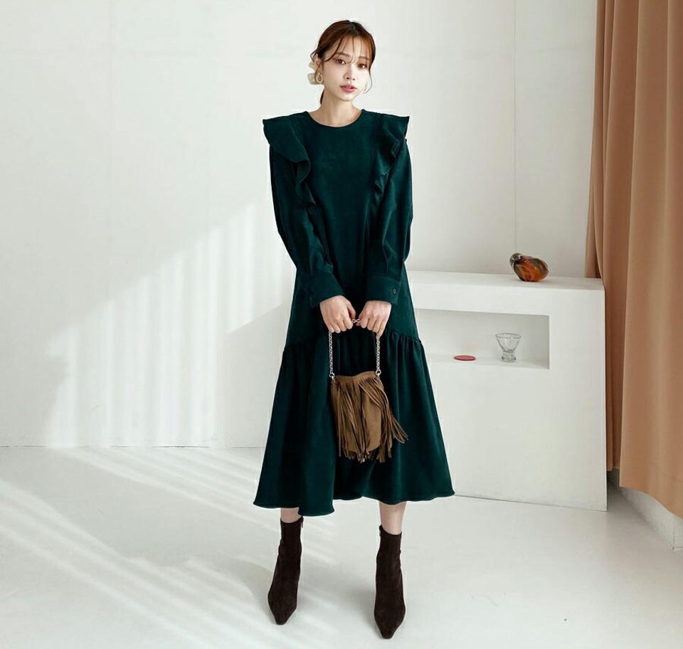 裏起毛タックワンピース・全2色・b65983 レディース 【ops】【ワンピース ロング ロングワンピース タック 裏起毛 長袖 単色 無地 シンプル ギャザー カジュアル ラフ フリル 冬 韓国 ファッション】【ハイホリHIHOLLI】