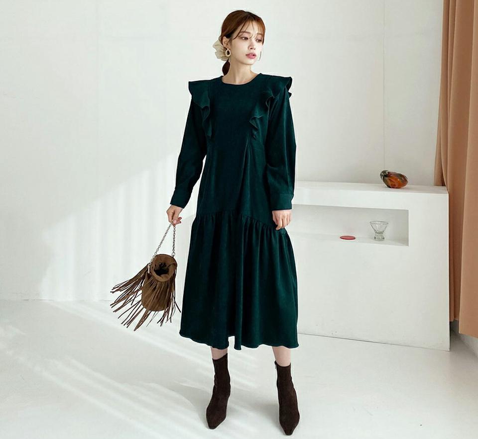 裏起毛タックワンピース・全2色・b65983 レディース 【ops】【ワンピース ロング ロングワンピース タック 裏起毛 長袖 単色 無地 シンプル ギャザー カジュアル ラフ フリル 冬 韓国 ファッション】【ハイホリHIHOLLI】