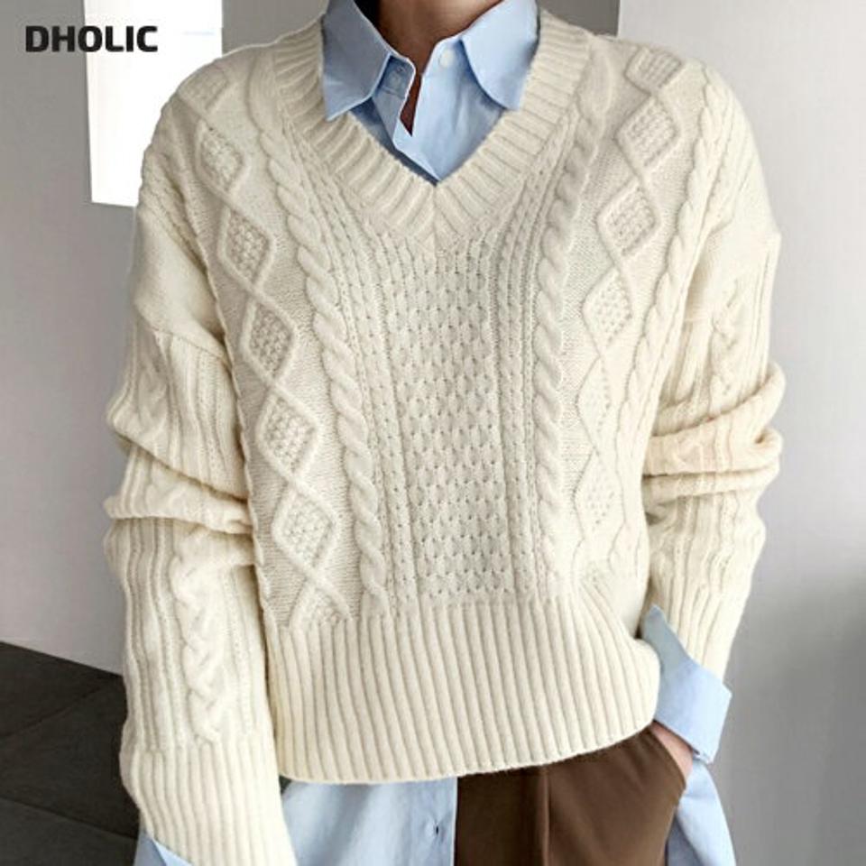 Vネックツイストニット・全5色・t62392 レディース 【tops】【韓国 ファッション トップス ニット 長袖 ぼわん袖 Vネック ツイストニット ドロップショルダー ルーズ ゆったり デイリー ベーシック 無地 カジュアル 秋 冬】
