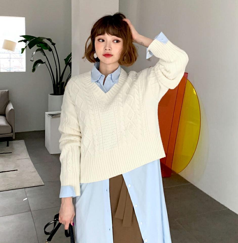 Vネックツイストニット・全5色・t62392 レディース 【tops】【韓国 ファッション トップス ニット 長袖 ぼわん袖 Vネック ツイストニット ドロップショルダー ルーズ ゆったり デイリー ベーシック 無地 カジュアル 秋 冬】