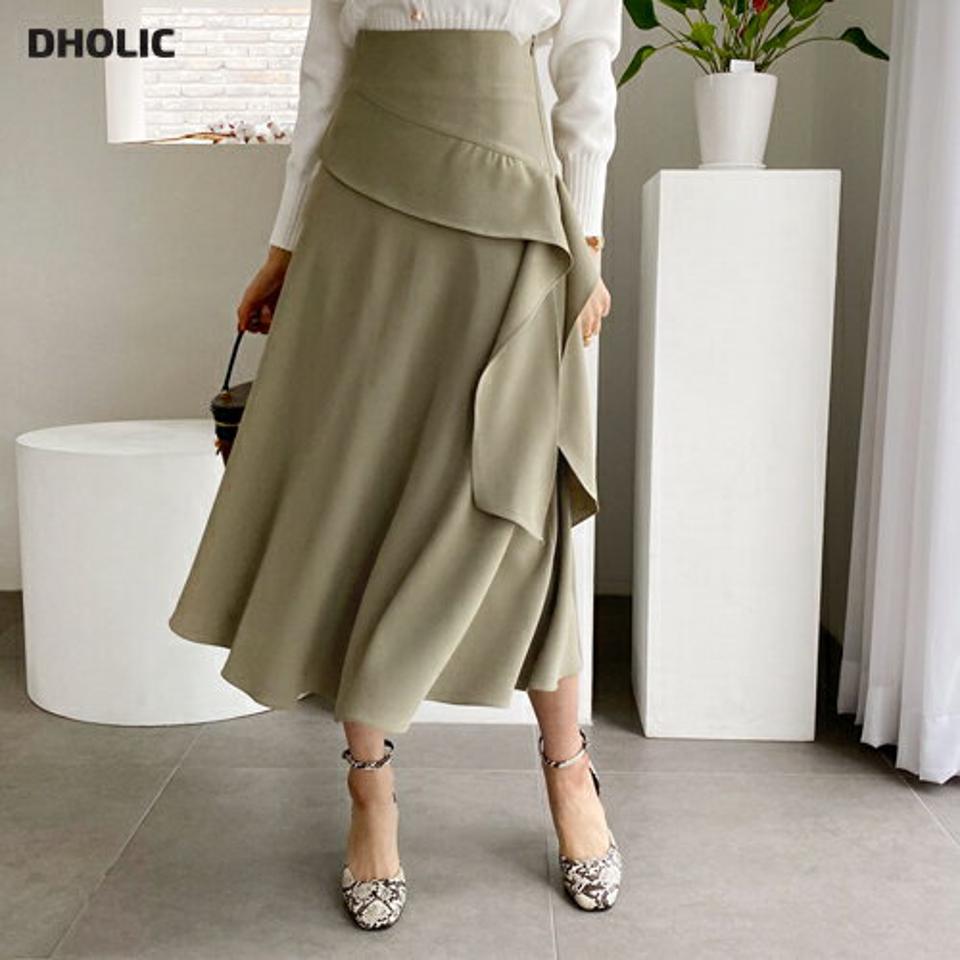 フリルラインスカート・全2色・b62412 レディース 【sk】【韓国 ファッション ボトムス スカート ロング ロングスカート フリル ユニーク アンバランス ナチュラル フレアスカート サイドファスナー 体型カバー スリム 上品 デイリー カジュアル 秋 冬】