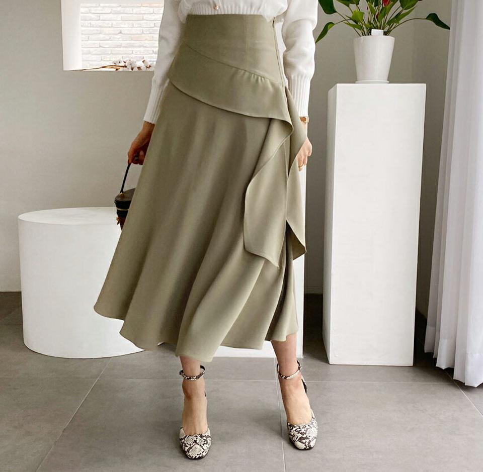 フリルラインスカート・全2色・b62412 レディース 【sk】【韓国 ファッション ボトムス スカート ロング ロングスカート フリル ユニーク アンバランス ナチュラル フレアスカート サイドファスナー 体型カバー スリム 上品 デイリー カジュアル 秋 冬】