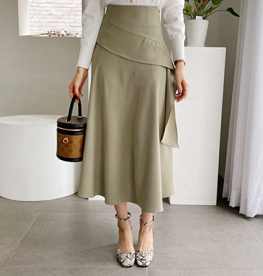 フリルラインスカート・全2色・b62412 レディース 【sk】【韓国 ファッション ボトムス スカート ロング ロングスカート フリル ユニーク アンバランス ナチュラル フレアスカート サイドファスナー 体型カバー スリム 上品 デイリー カジュアル 秋 冬】