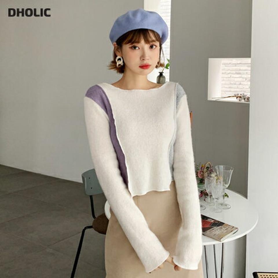 サイド配色Tシャツ・全2色・t62385 レディース 【tops】【韓国 ファッション トップス Tシャツ 長袖 サイド配色 ボートネック ラウンドネック クロップド アンバランス ユニーク デイリー ベーシック カジュアル 秋 冬】