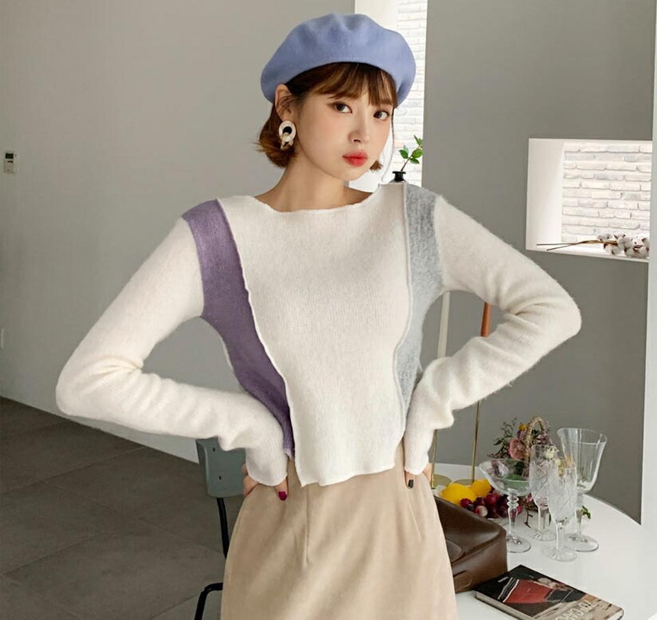 サイド配色Tシャツ・全2色・t62385 レディース 【tops】【韓国 ファッション トップス Tシャツ 長袖 サイド配色 ボートネック ラウンドネック クロップド アンバランス ユニーク デイリー ベーシック カジュアル 秋 冬】