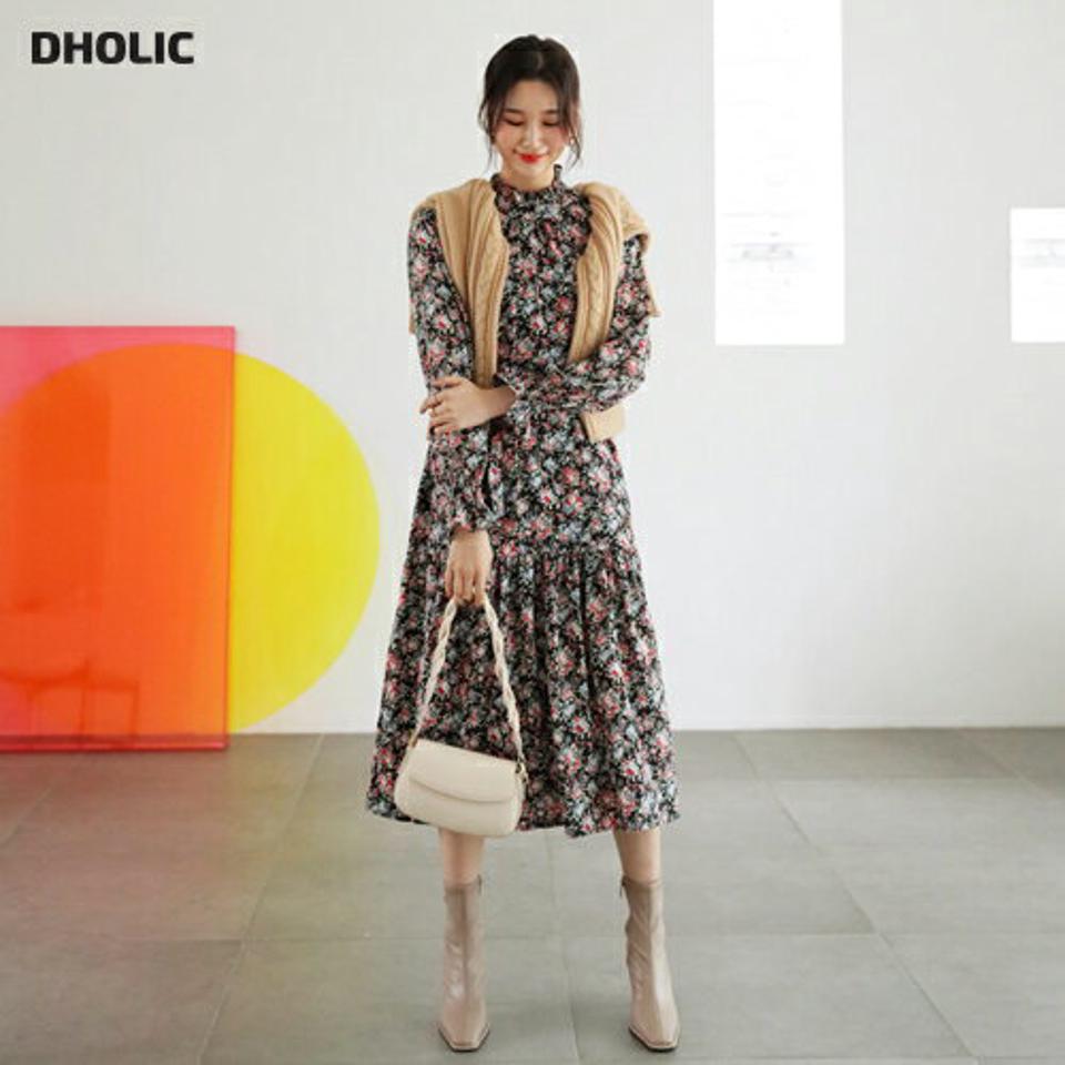 ストラップ付花柄ワンピース・全3色・b62401 レディース 【ops】【韓国 ファッション ワンピース ロング ロングワンピス 長袖 ストラップ 花柄 フラワー ギャザー ウエストストラップ フリルネック シャーリング 上品 デイリー カジュアル 秋 冬】