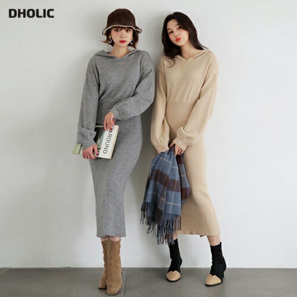 【只今10%OFF】フードニットワンピース・全2色・t62404 レディース 【ops】【韓国 ファッション ワンピース ロング ロングワンピス 長袖 ニットワンピース パフスリーブ スリム フィット スリット フード カジュアル デイリー カジュアル 秋 冬】