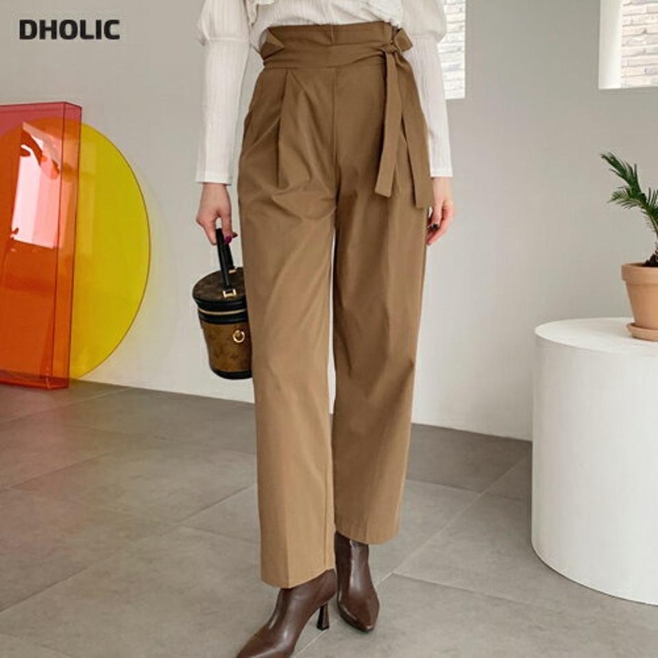 ハイウエストリボンパンツ・全2色・t62415 レディース 【pt】【韓国 ファッション ボトムス パンツ ロング ロングパンツ ハイウエストパンツ サイドファスナー ハイウエスト リボン タック ワイドパンツ ポケット付き カジュアル 秋 冬】