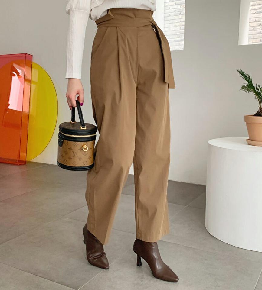 ハイウエストリボンパンツ・全2色・t62415 レディース 【pt】【韓国 ファッション ボトムス パンツ ロング ロングパンツ ハイウエストパンツ サイドファスナー ハイウエスト リボン タック ワイドパンツ ポケット付き カジュアル 秋 冬】