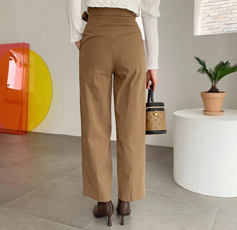 ハイウエストリボンパンツ・全2色・t62415 レディース 【pt】【韓国 ファッション ボトムス パンツ ロング ロングパンツ ハイウエストパンツ サイドファスナー ハイウエスト リボン タック ワイドパンツ ポケット付き カジュアル 秋 冬】