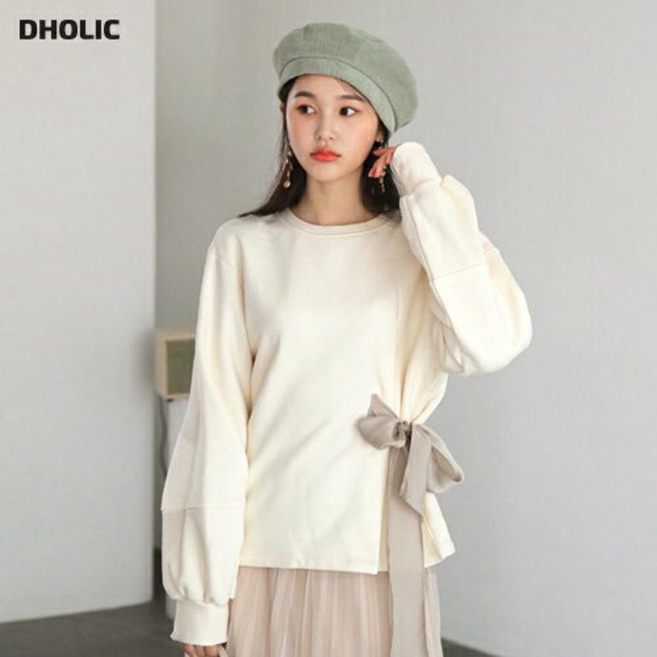 裏起毛リボンスウェット・全3色・b62395 レディース 【tops】【韓国 ファッション トップス スウェット Tシャツ カットソー 長袖 無地 デイリー ベーシック カジュアル 保温性 裏起毛 異素材 リボン ルーズフィット ゆったり カジュアル 秋 冬】