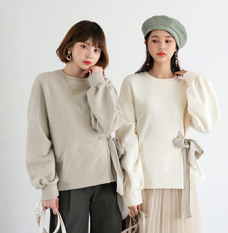 裏起毛リボンスウェット・全3色・b62395 レディース 【tops】【韓国 ファッション トップス スウェット Tシャツ カットソー 長袖 無地 デイリー ベーシック カジュアル 保温性 裏起毛 異素材 リボン ルーズフィット ゆったり カジュアル 秋 冬】